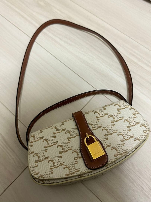 Celine Tabou Triomphe Clutch Bag Calfskin Leather White Tan