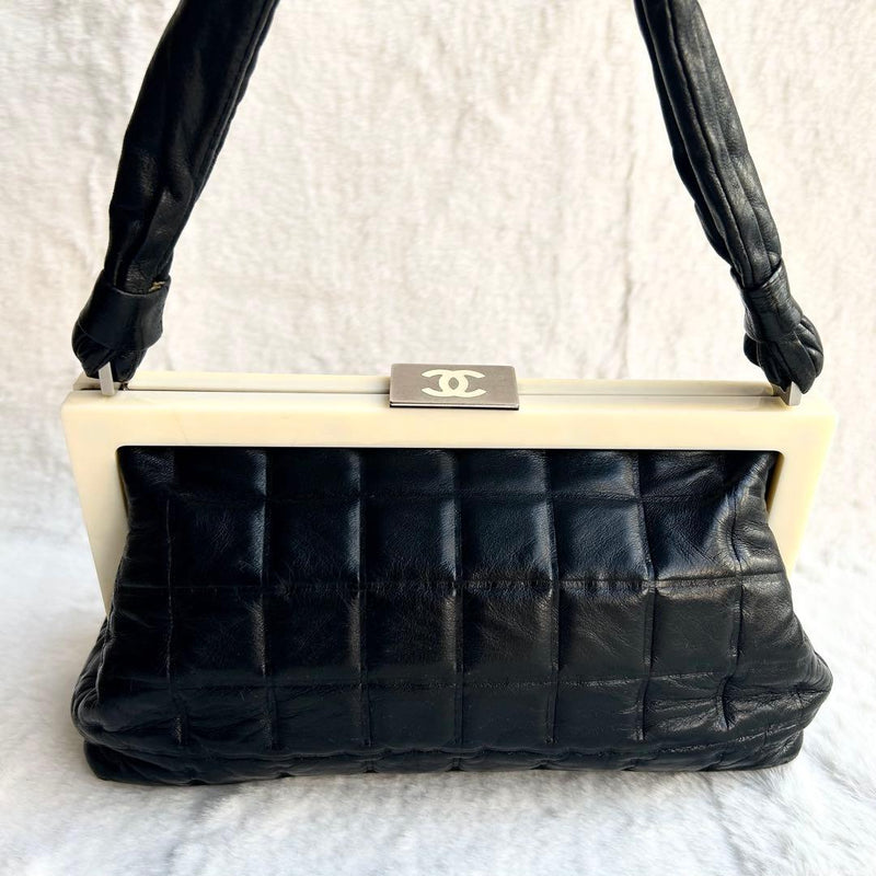 Chanel Coco Mark Chocolate Bar Frame Bag Lambskin Black Ivory Acrylic Frame
