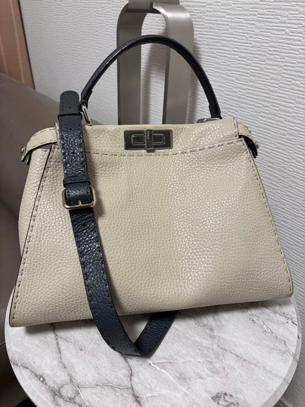 Fendi Selleria Peekaboo Medium Satchel Crossbody Shoulder Bag Ivory Gray