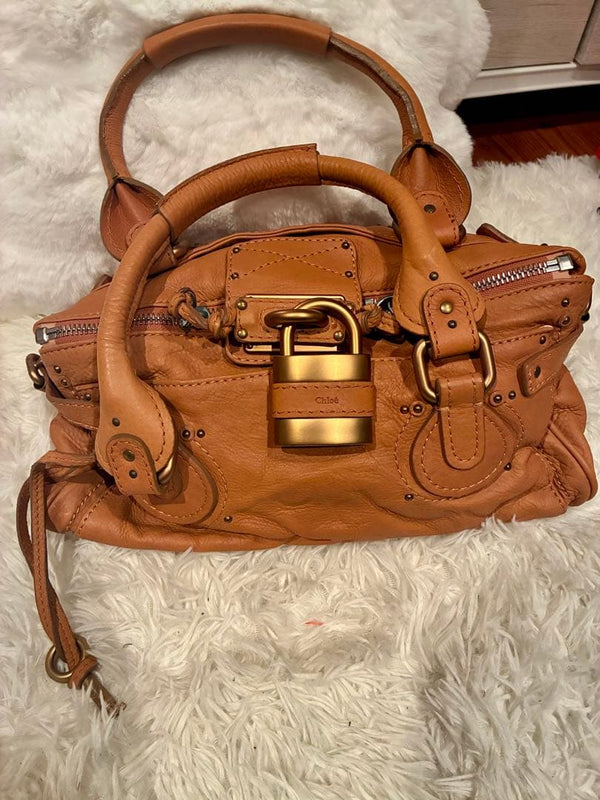 Chloé Handbag Cowhide Leather Brown Gold Metal Lock