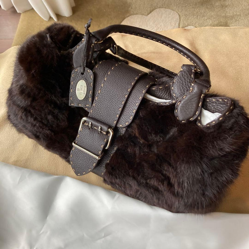 Fendi Selleria Handbag Dark Brown Mink Fur Leather Fendi Logo Plate