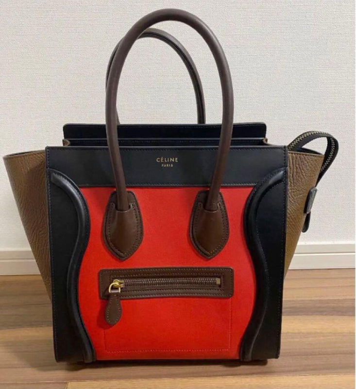 Celine Luggage Micro Shopper Handbag Bicolor Red Black Brown Leather