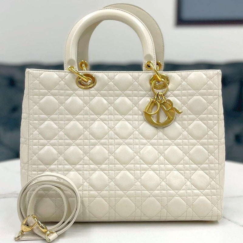 Dior Lady Dior Cannage MA-0012 Large Handbag Lambskin White Gold Hardware