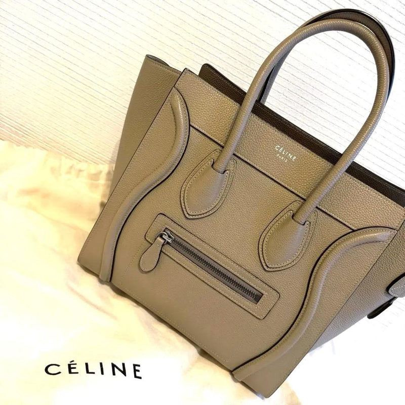 Celine Luggage Micro Handbag Drummed Calfskin Dune Tote Bag
