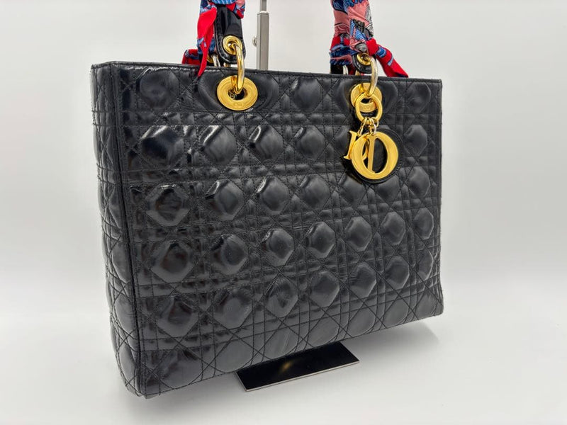Christian Dior Lady Dior Handbag Black Patent Leather Gold Hardware