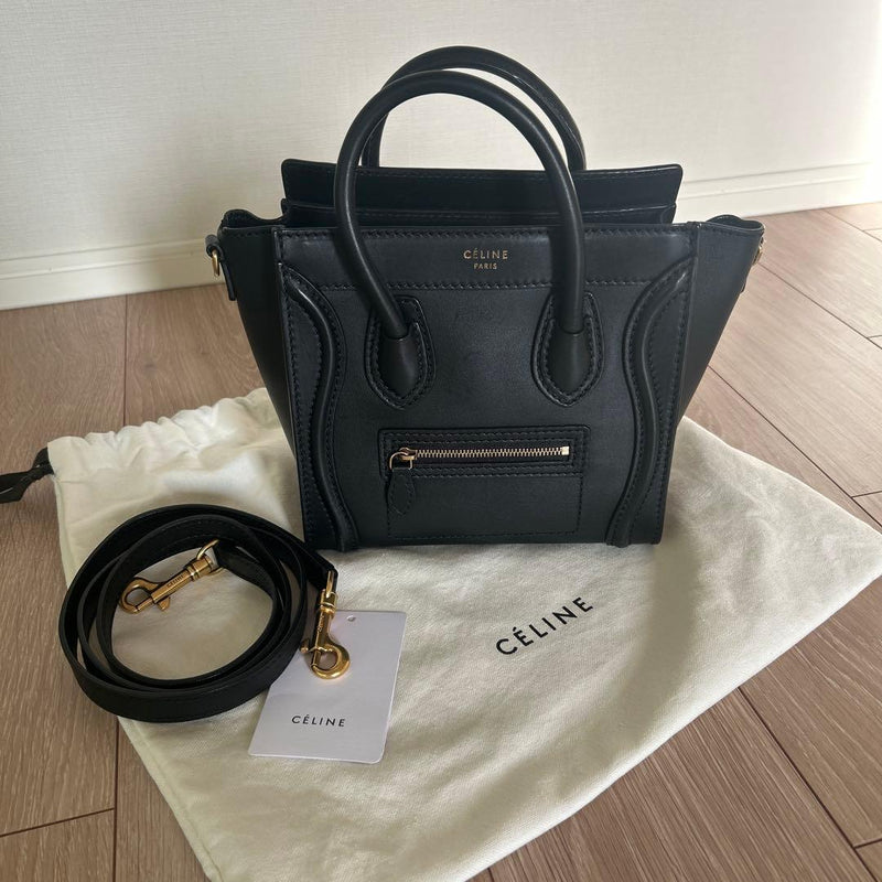 Celine Luggage Nano Handbag Shoulder Bag Calfskin Leather Black