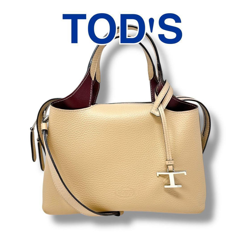 Tods T Timeless Bauletto Small NG49 Handbag Shoulder Bag Leather Beige Silver