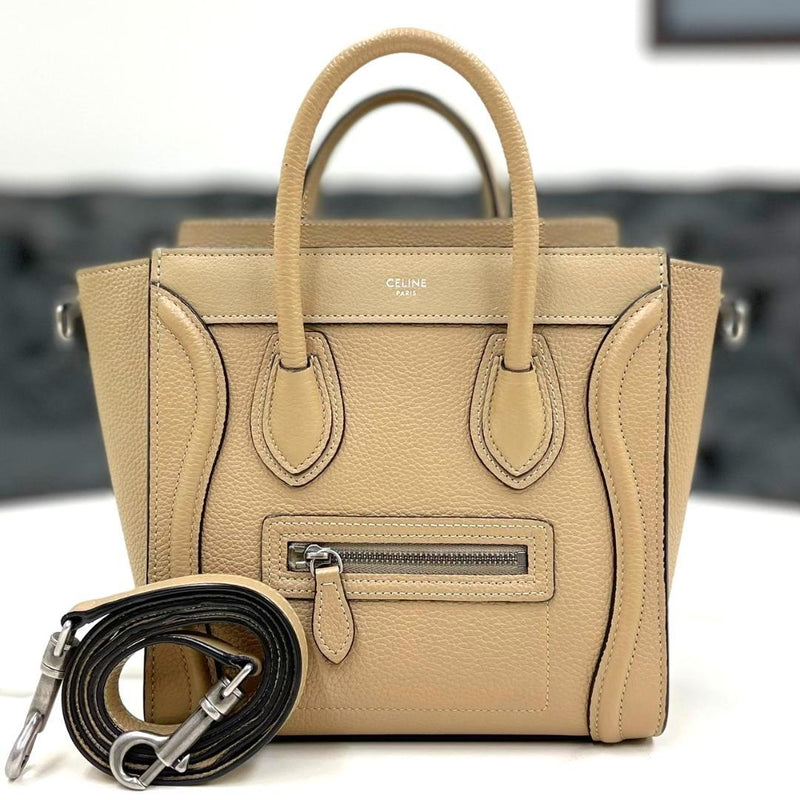 Celine Luggage Nano F-AT-2200 F-SL-2240 Handbag Drummed Calfskin Dune Silver