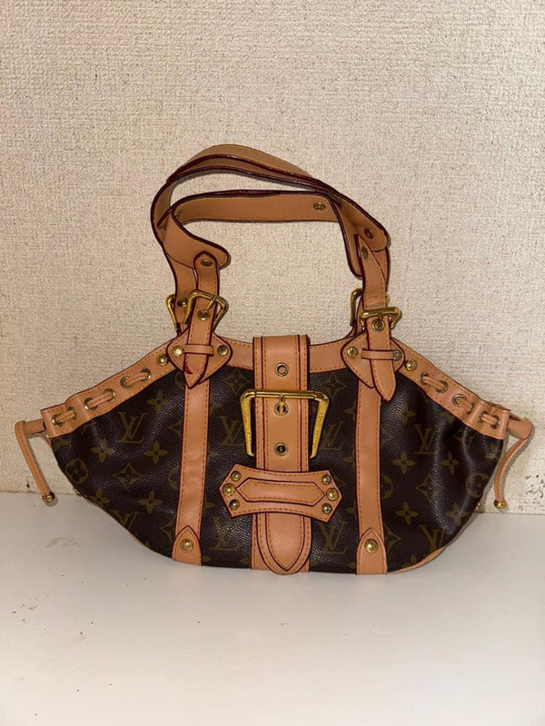 Louis Vuitton Monogram Handbag Canvas Leather Brown Beige Metal Studs