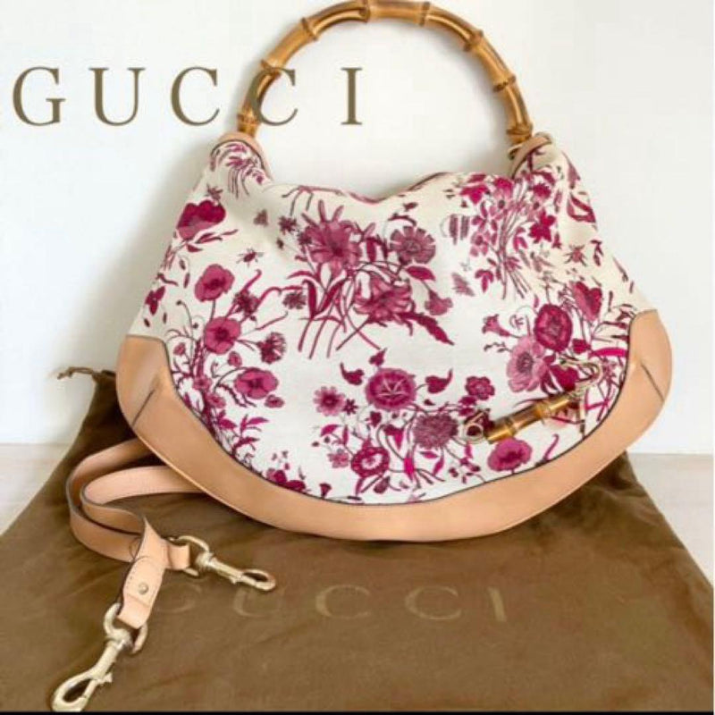 Gucci Flora Bamboo Handle Shoulder Bag Canvas Floral Pattern