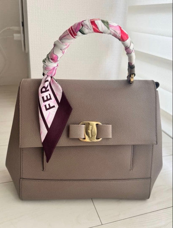 Salvatore Ferragamo Handbag Satchel Greige Leather Gold Hardware Bandeau
