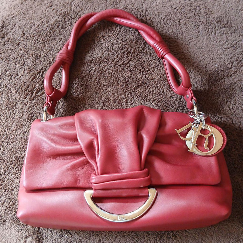 Christian Dior Cannage Semi-shoulder Bag Red Leather