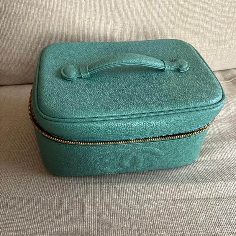 Chanel Vanity Bag Turquoise Leather Cosmetic Pouch Gold Hardware