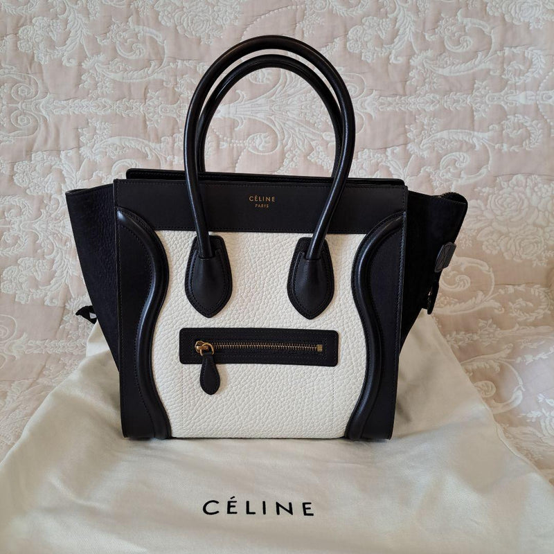 Celine Luggage Micro Shopper Handbag Canvas Leather Suede Black White Bicolor