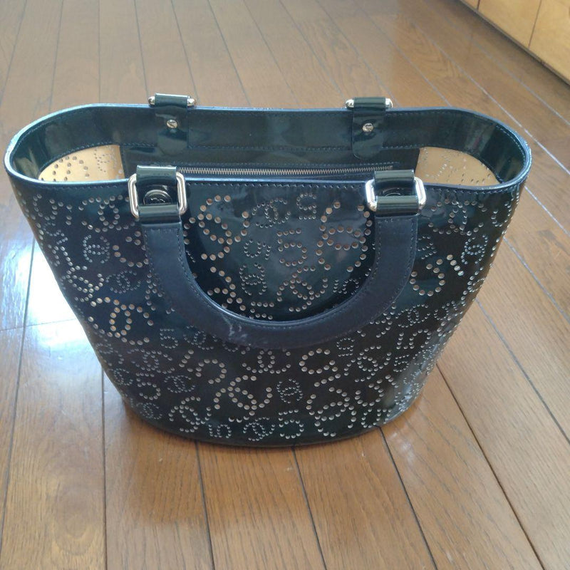 Chanel Studded Handbag Enamel Navy Dark Green Double Handle