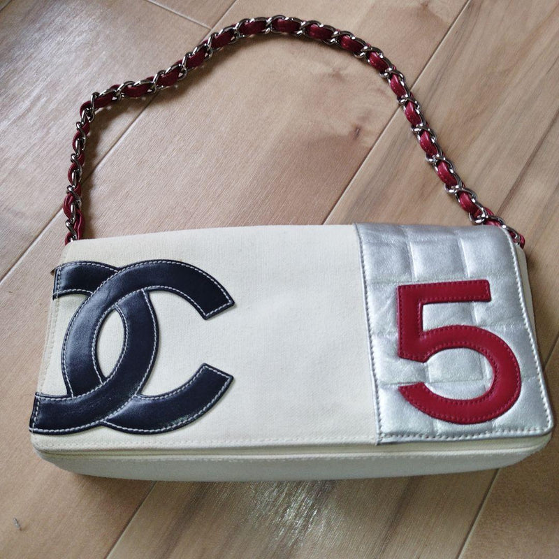 Chanel No.5 Chain Shoulder Bag Canvas Leather Navy Red White Silver