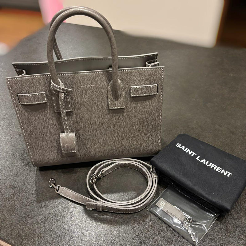 Saint Laurent Sac De Jour Handbag Tote Calfskin Leather Grey Silver Hardware