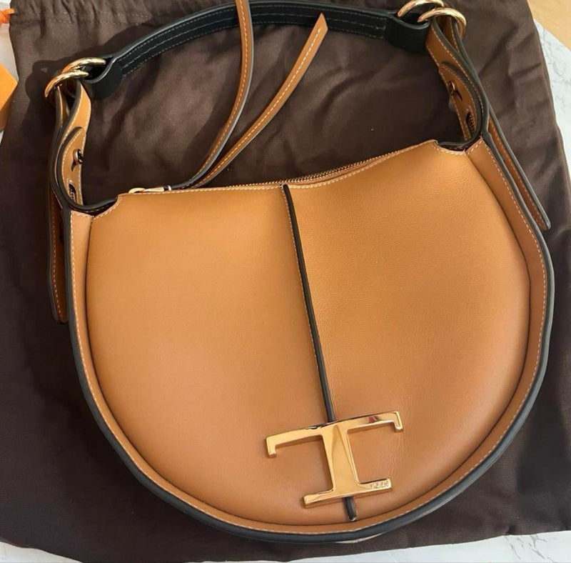 Tods T Timeless Hobo Handbag Leather Brown Camel Shoulder Bag