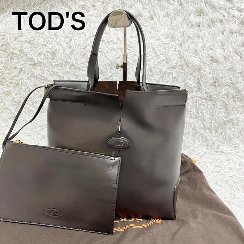 Tods Folio 2-way Handbag Shoulder Bag Dark Brown Leather