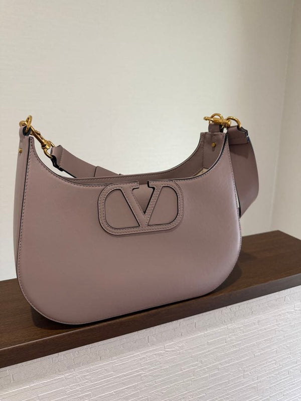 Valentino Garavani Vlogo Hobo Bag Calfskin Poudre Pink Beige Antique Brass
