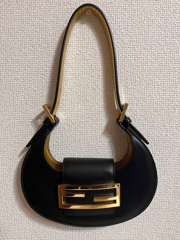 Fendi Cookie Shoulder Bag Clutch Handbag Leather Black Gold Hardware