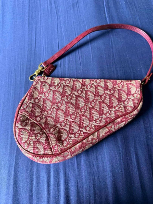 Christian Dior Saddle Pouch Trotter MC0012 Shoulder Bag Red Jacquard Calf