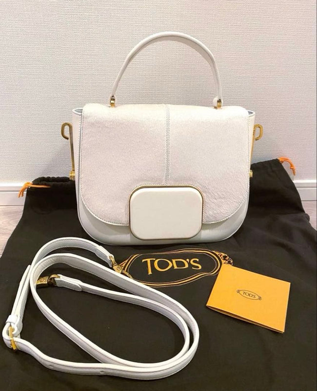 Tods Harako Leather Handbag Shoulder Bag White Gold Hardware