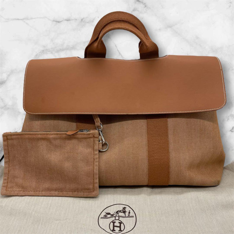 Hermes Valparaiso Mm Tote Bag Toile Chevron Canvas Leather Palladium Hardware