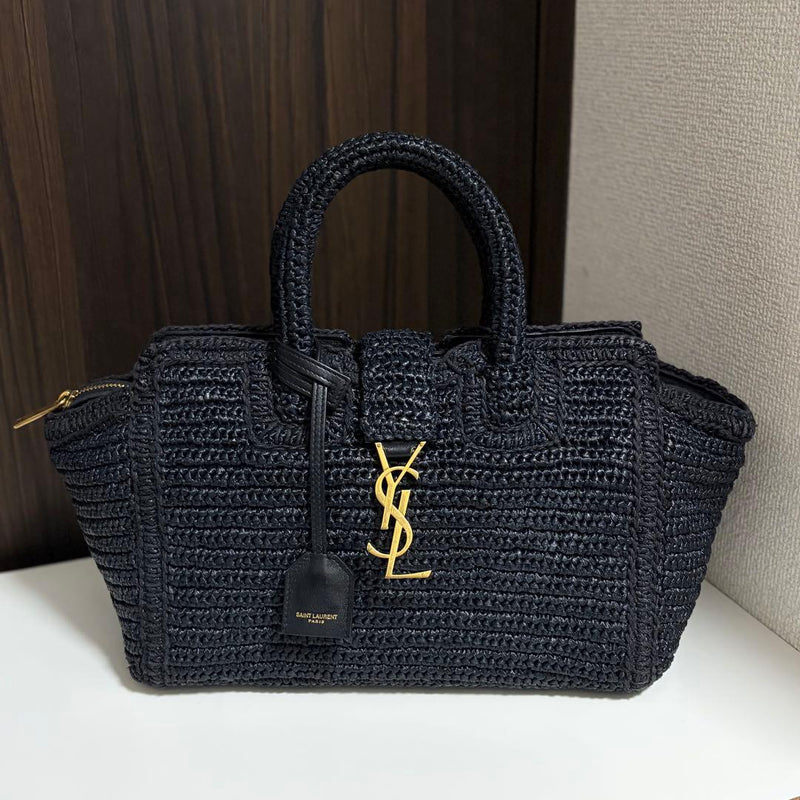 Saint Laurent Baby Downtown Ysl Caba Handbag Raffia Black Gold Logo