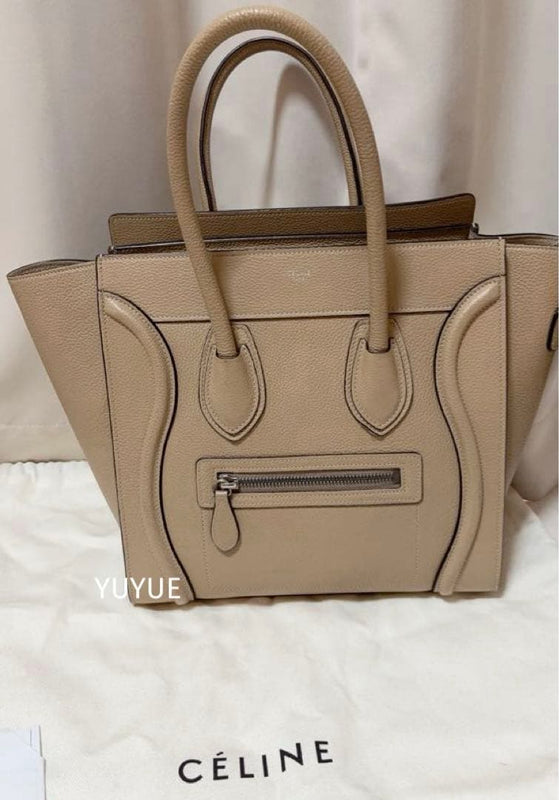 Celine Luggage Micro Handbag Drummed Calfskin Dune Silver Hardware