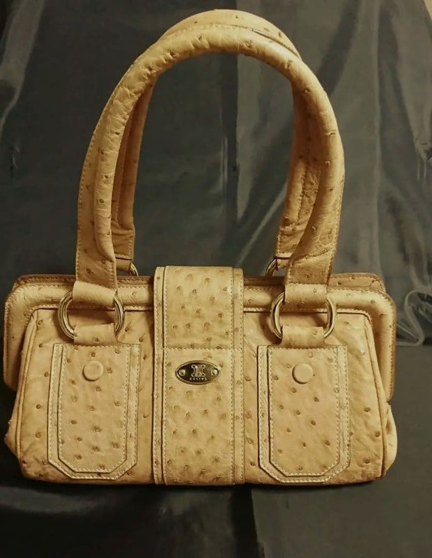 Celine Luggage Handbag Ostrich Leather Beige Gold Hardware