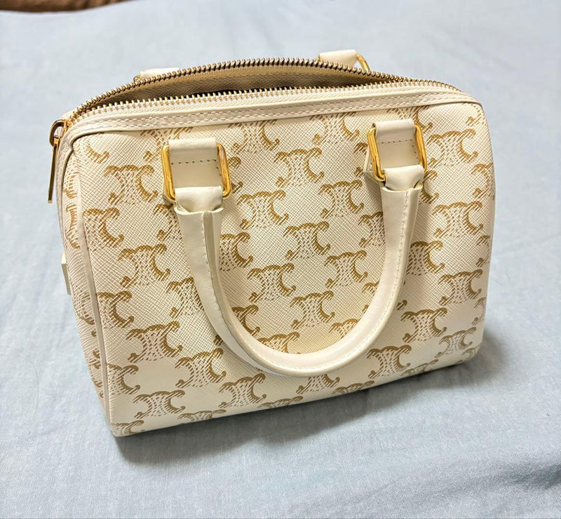Celine Mini Boston Triomphe Canvas 2-way Handbag White Synthetic Leather Gold