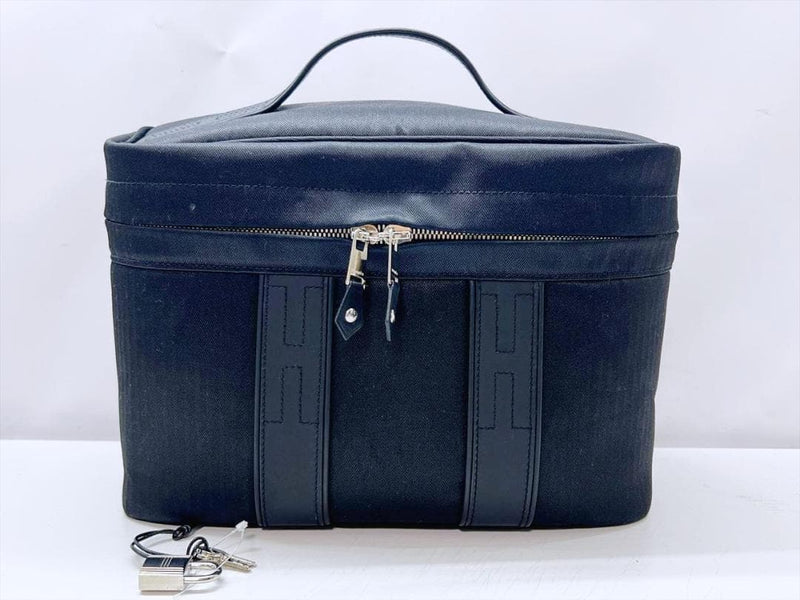 Hermes Acapulco Vanity Bag Handbag Canvas Leather Black Padlock Keys