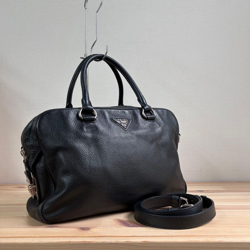 Prada Vitello 2-Way Handbag Shoulder Bag Triangle Logo Leather Black