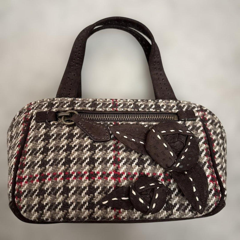 Prada Handbag Brown Check Flower Motif Wool Leather