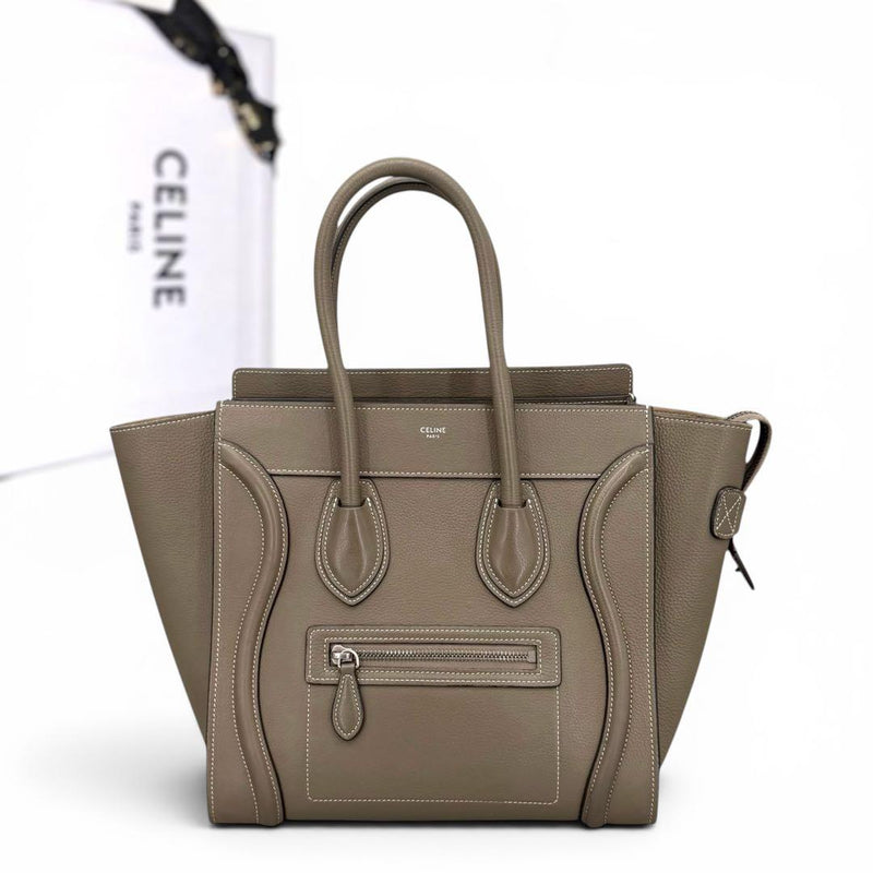 Celine Luggage Micro Shopper Handbag Drummed Calfskin Greige