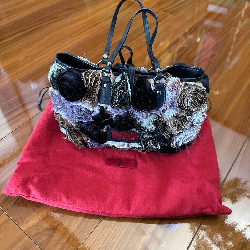 Valentino Garavani Handbag Fabric Leather Black Purple Beige Floral Motif