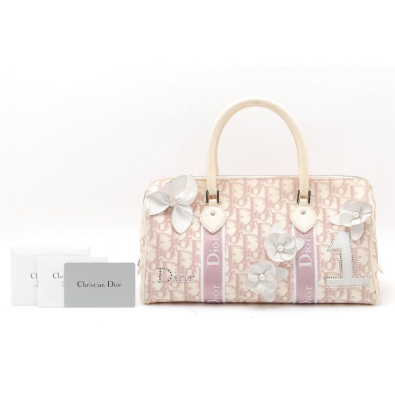 Dior Trotter Boston Bag Pink White Cotton Canvas Leather Floral Handbag