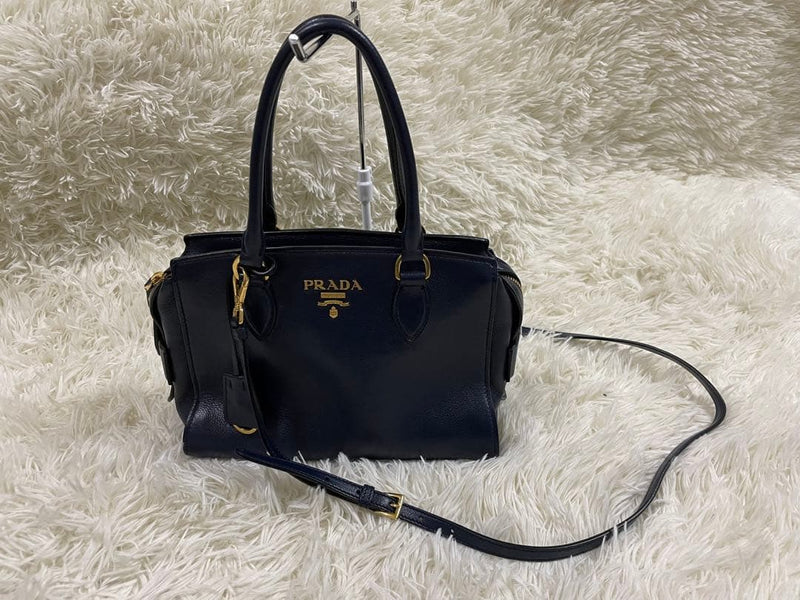 Prada Handbag 2way Shoulder Tote Bag Leather Navy Blue