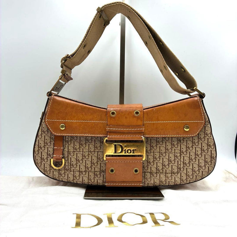 Christian Dior Trotter One Shoulder Bag Canvas Leather Beige Brown