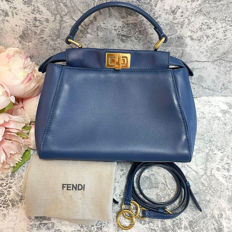 Fendi Peekaboo Iconic Small 8BN244-K4P Handbag Shoulder Bag Blue Leather Gold