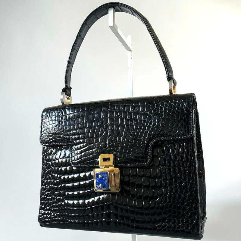 Gucci Porosus Crocodile Handbag Black Lapis Lazuli Hardware Turn Lock