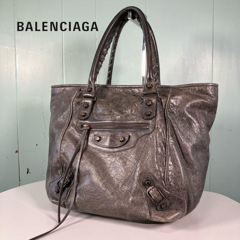 Balenciaga The Sunday 228750 Tote Bag Leather Gray Khaki Handbag