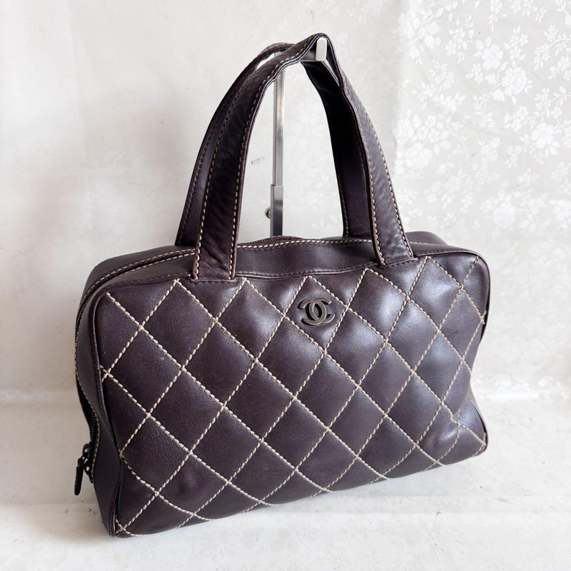 Chanel Wild Stitch Handbag Tote Boston Bag Quilted Leather Brown