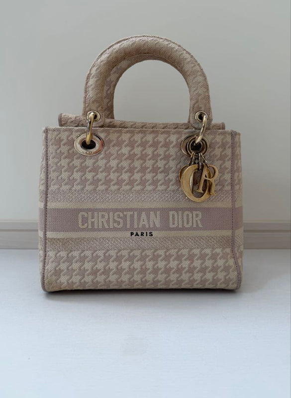 Dior Lady D-lite Handbag Canvas Light Pink Houndstooth