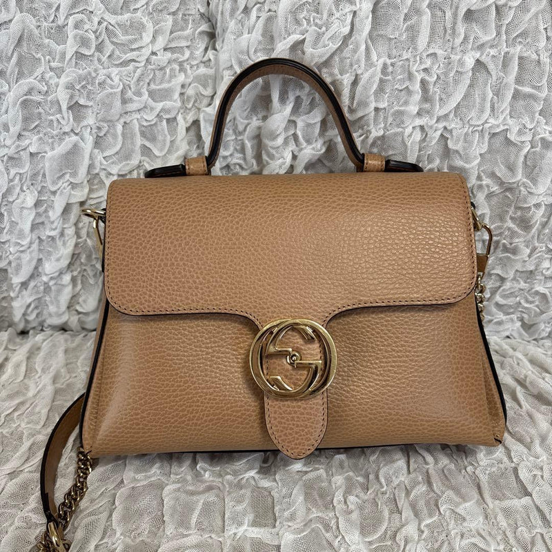 Gucci Interlocking G Handbag Leather Beige Gg Logo Hardware