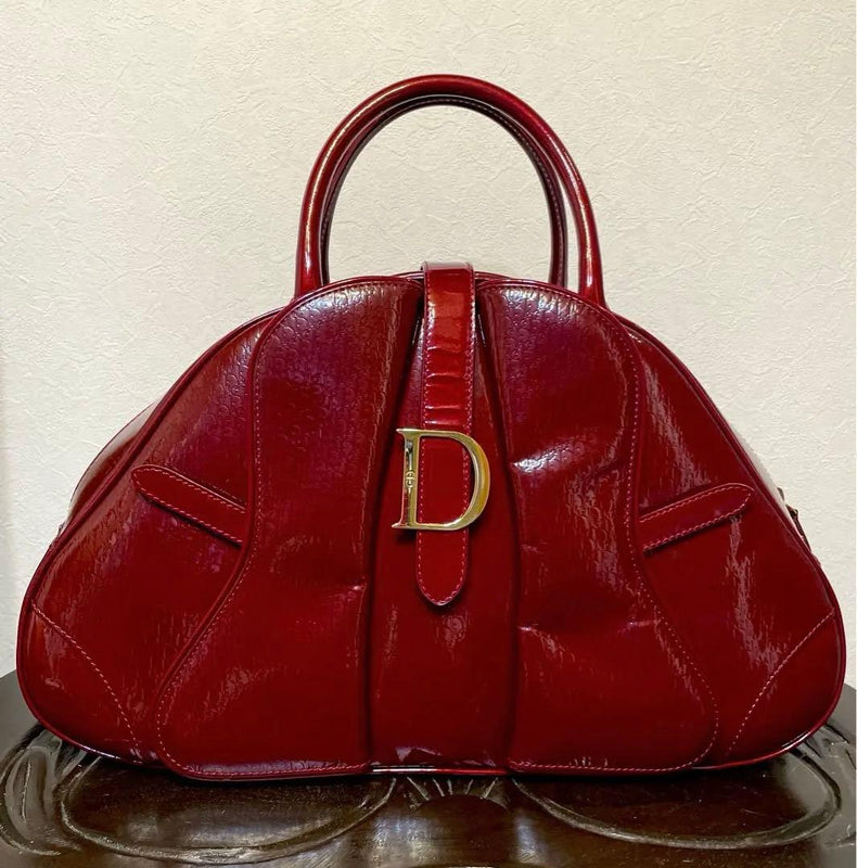 Dior Double Saddle Handbag Trotter Enamel Leather Red Wine Bordeaux Gold