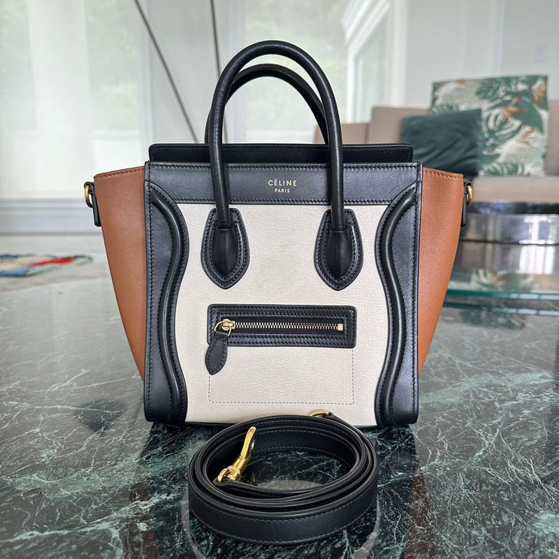 Celine Luggage Nano Handbag Leather White Brown Gold Hardware