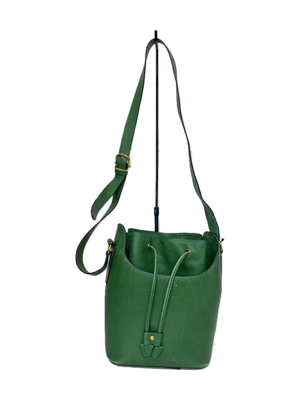 Celine Old Drawstring Shoulder Bag Leather Green Vintage Designer Handbag