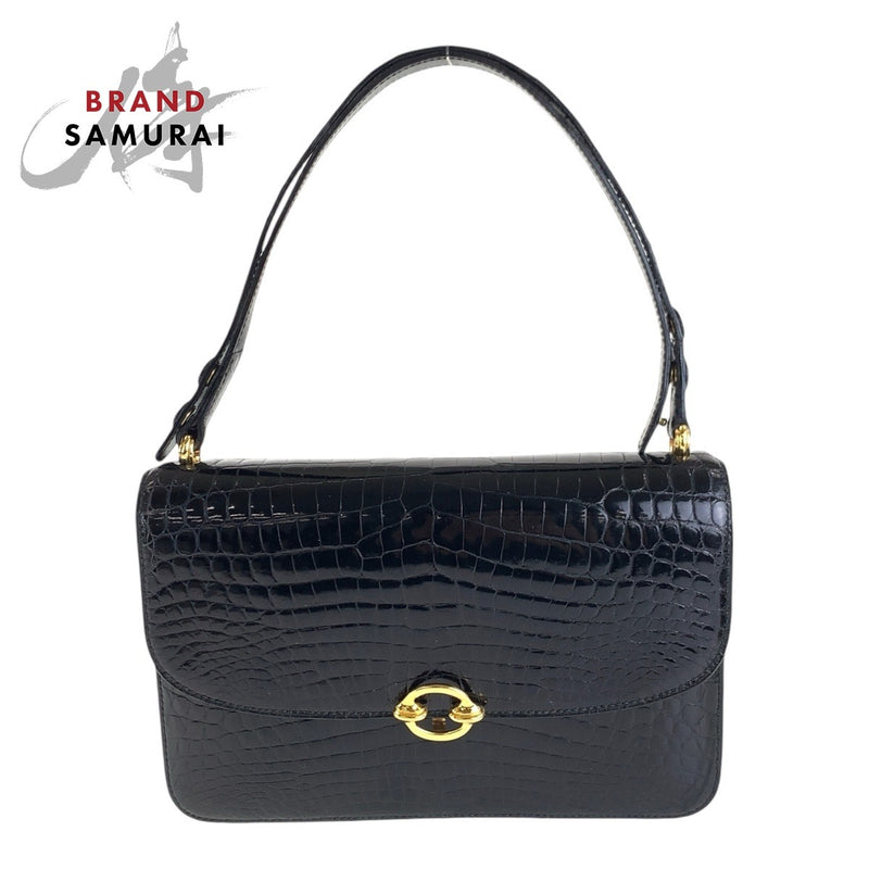 Morabito 410672 Black Crocodile Shoulder Bag Handbag Womens Gold Hardware
